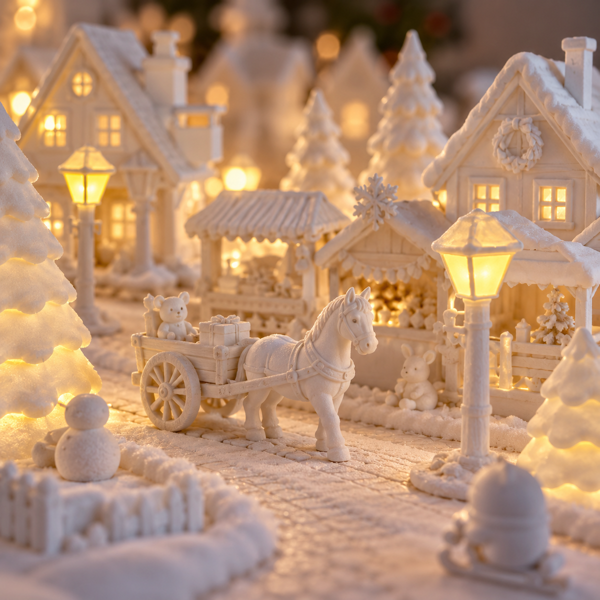 Winter village square with a stone-style bridge, cottages and tiny villagers