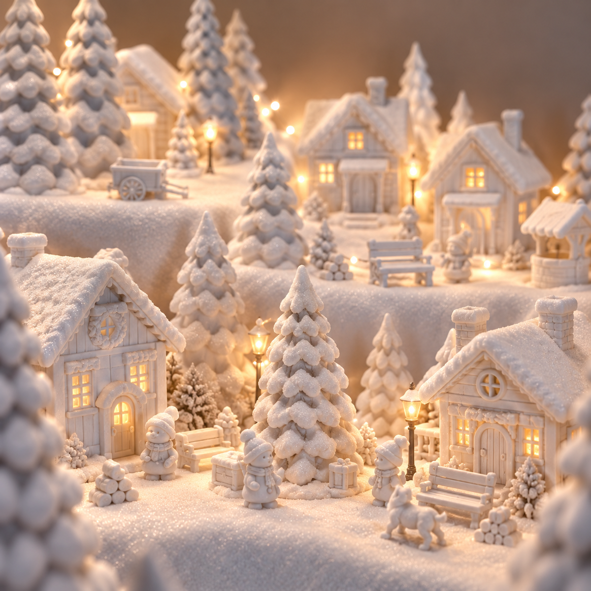 Christmas market square with miniature stalls, trees, lanterns and winter decorations