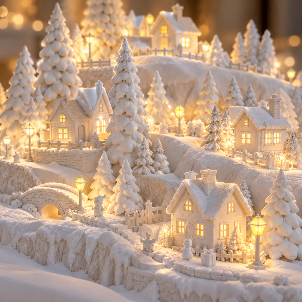 Layered winter village displayed on a home sideboard with warm seasonal lighting