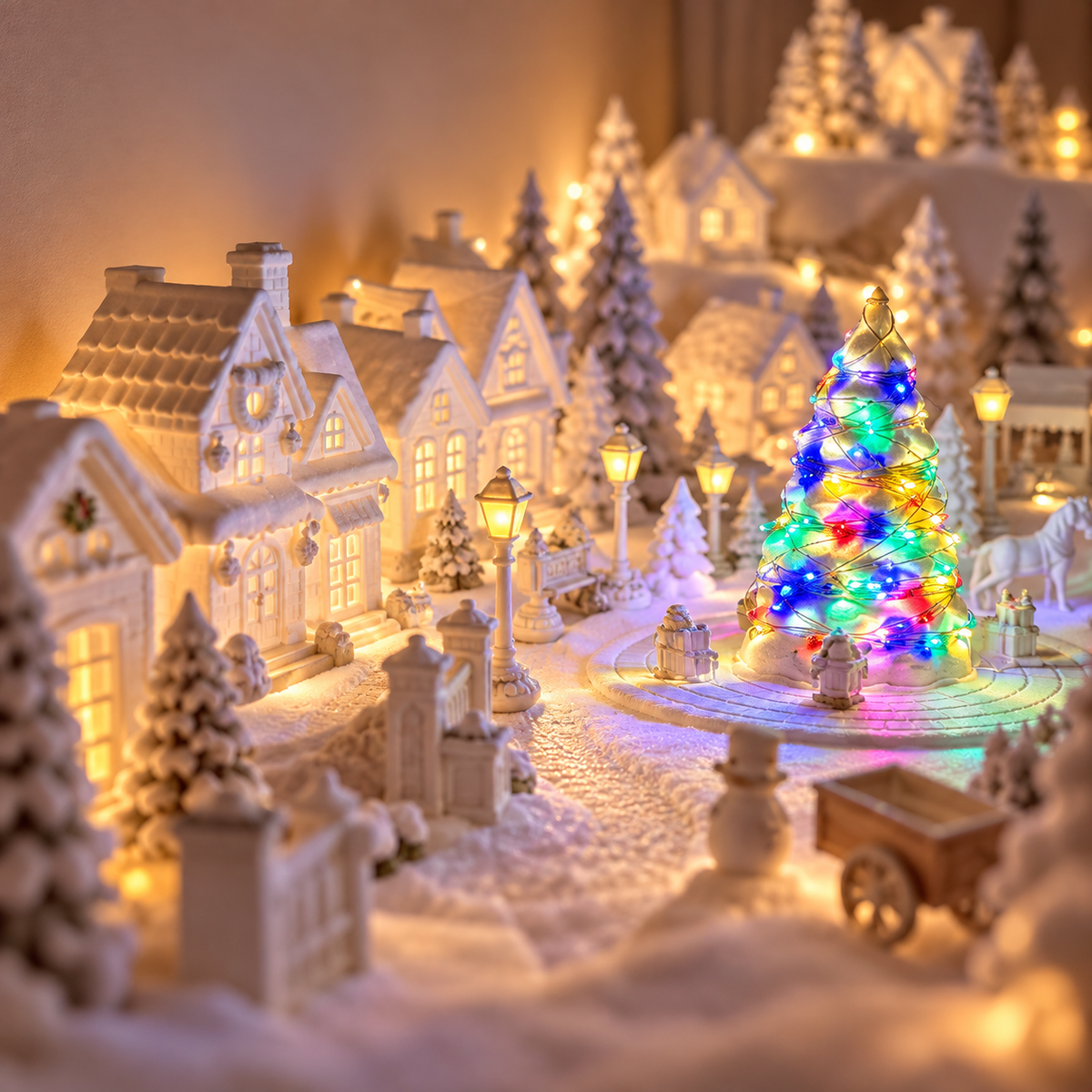 Snowy miniature village with a multicoloured illuminated Christmas tree at its centre