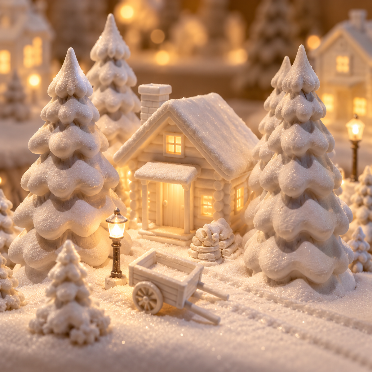 Cosy illuminated cottage framed by snow-covered pine trees and a miniature cart