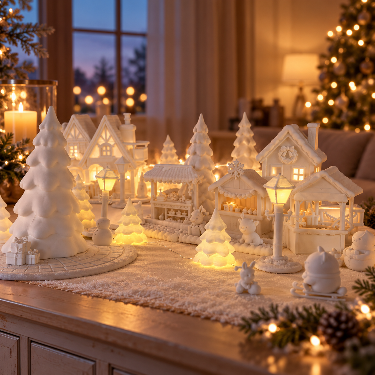Snowy Christmas village with cottage, trees, tiny figures and a softly lit bridge