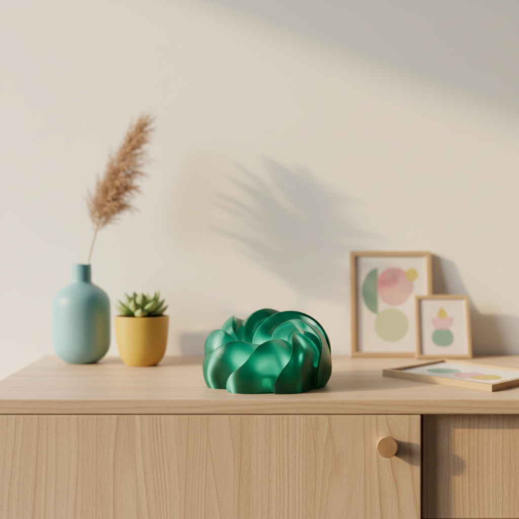 Cloud Twist Lamp low wide circular bloom smooth flowing twisted ribbon petal structure emerald green teal pale oak sideboard Japandi interior pampas vase succulent plant colourful wall art prints lifestyle hero shot
