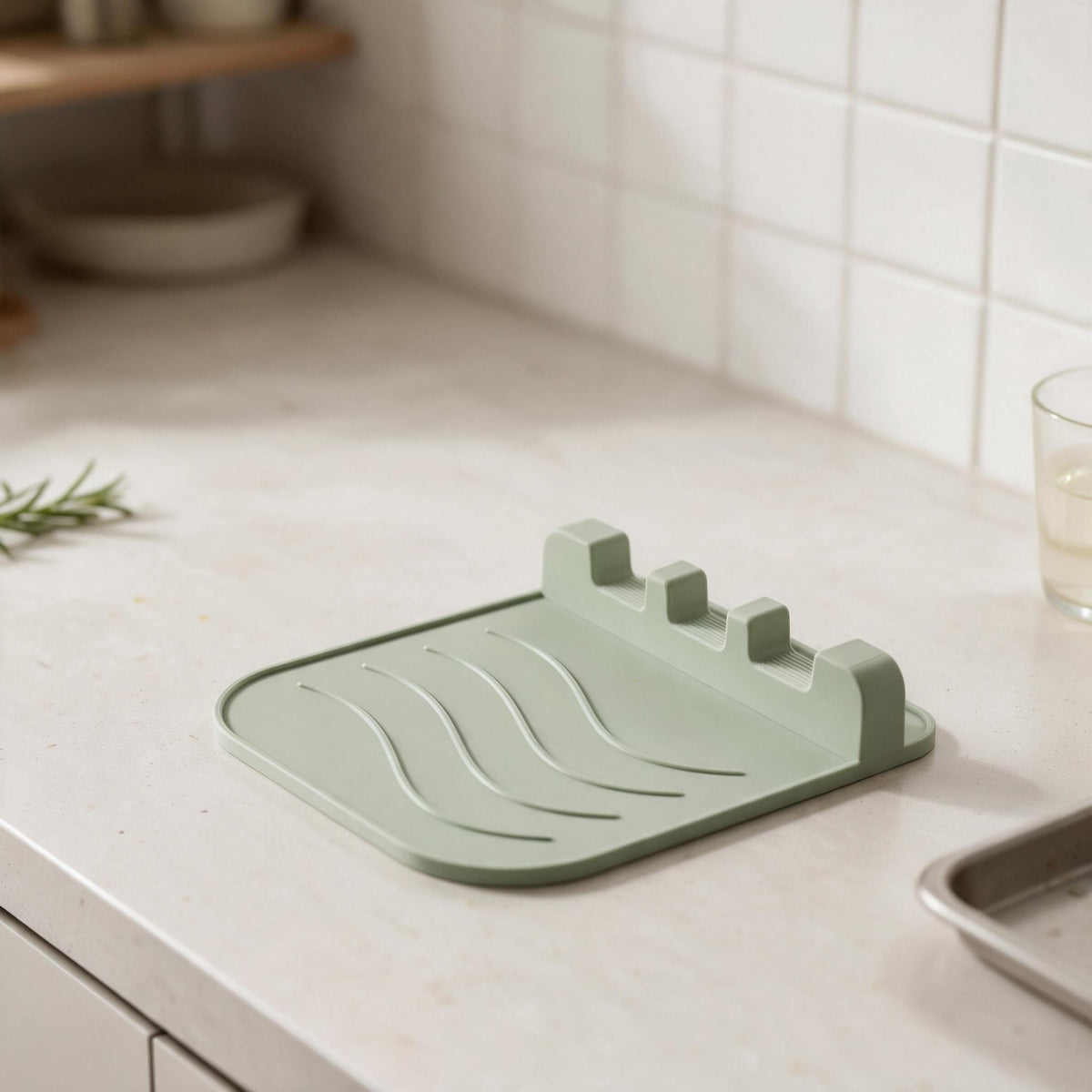 Pale green CookSitter 3.0 empty on marble worktop