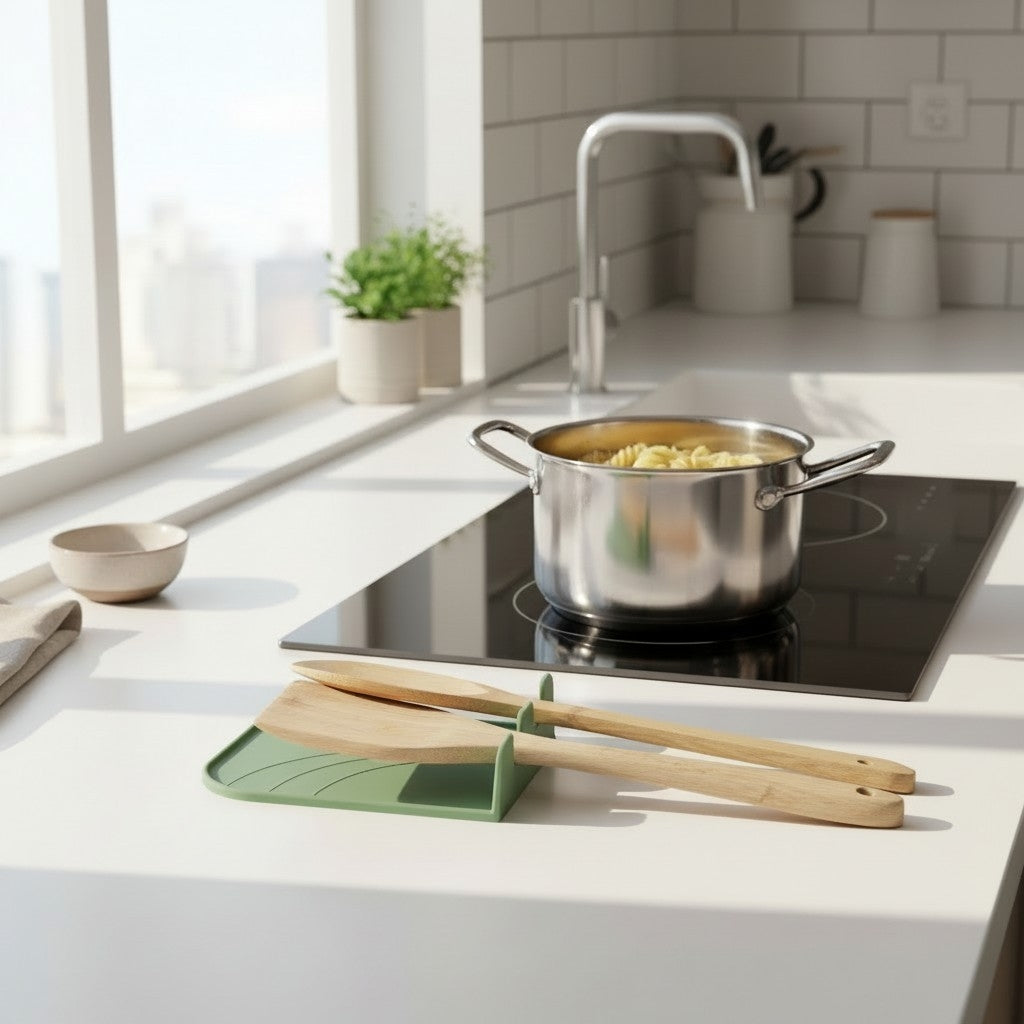 CookSitter utensil rest in green with wooden spatula on white marble kitchen island, gas range cooker in background