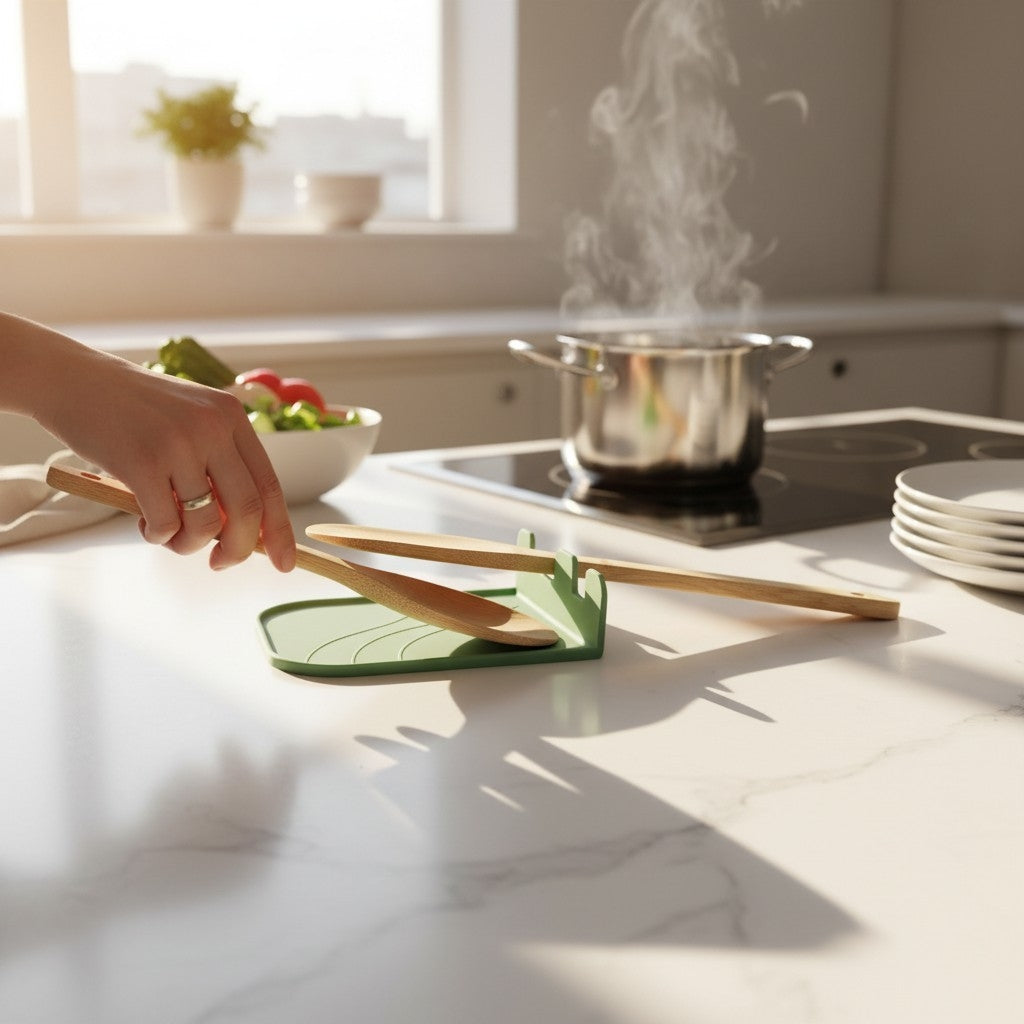 CookSitter utensil rest in dark green with wooden spoon and spatula on white quartz counter, stainless steel range in background