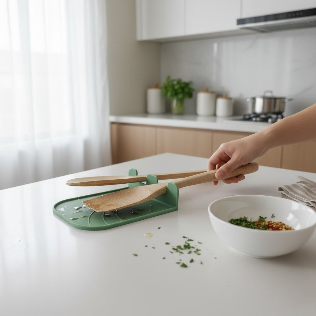 CookSitter utensil rest in green, hand placing wooden spoon, white marble counter beside induction hob, fresh vegetables in background