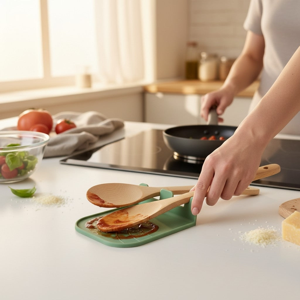 CookSitter utensil rest in green with wooden spoon and spatula on white counter, stainless steel pot on induction hob, fresh rosemary nearby