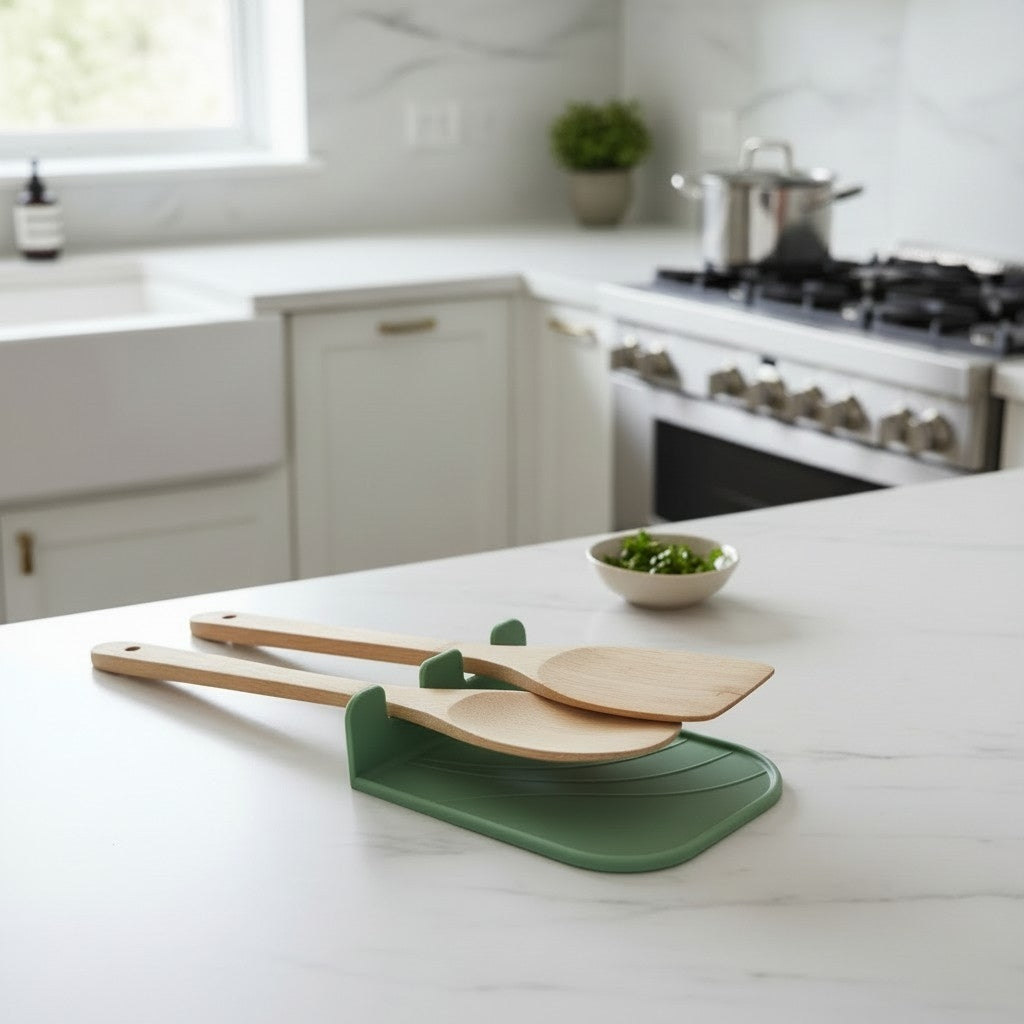 CookSitter utensil rest in green holding black ladle and pasta spoon, woman serving soup in background, induction hob visible