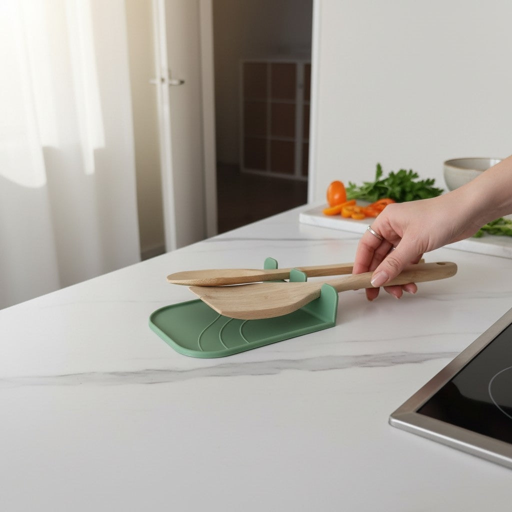 CookSitter utensil rest in green with black ladle and pasta spoon on wooden counter, gas hob with saucepan, olive oil and basil nearby