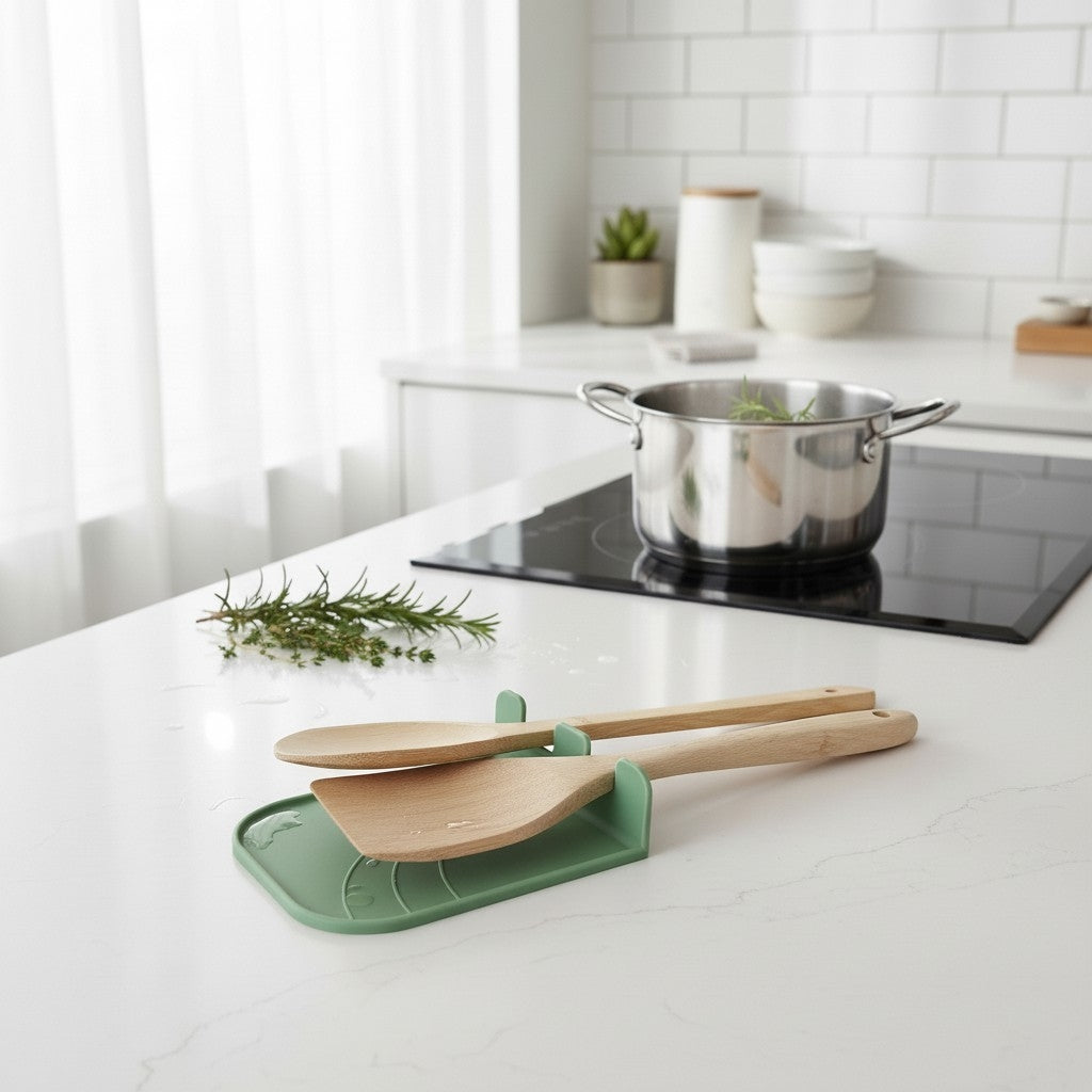CookSitter utensil rest in green with wooden spoon on white counter, stainless steel pot on induction hob, fresh herbs nearby
