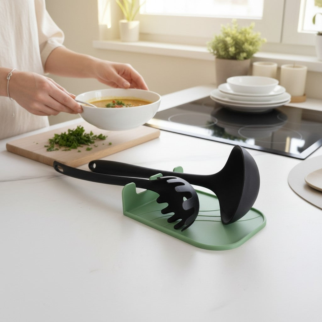 CookSitter utensil rest in green with wooden spoon and spatula on white marble counter, gas hob in background