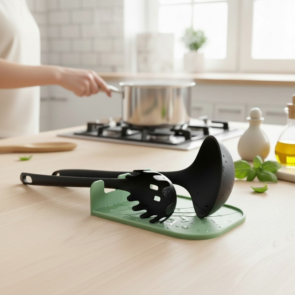 CookSitter utensil rest in green with wooden spoon on white counter, stainless steel pot on induction hob