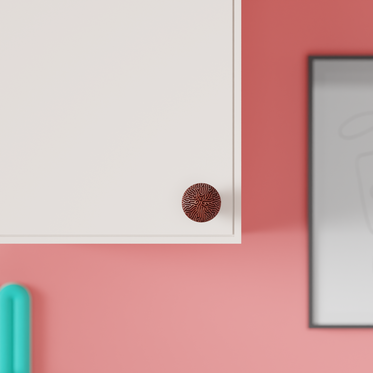 Reaction Diffusion Coral Cabinet Knob - top view on white cabinet