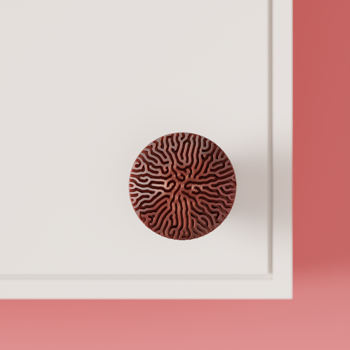 Reaction Diffusion Coral Cabinet Knob - angled view on white cabinet
