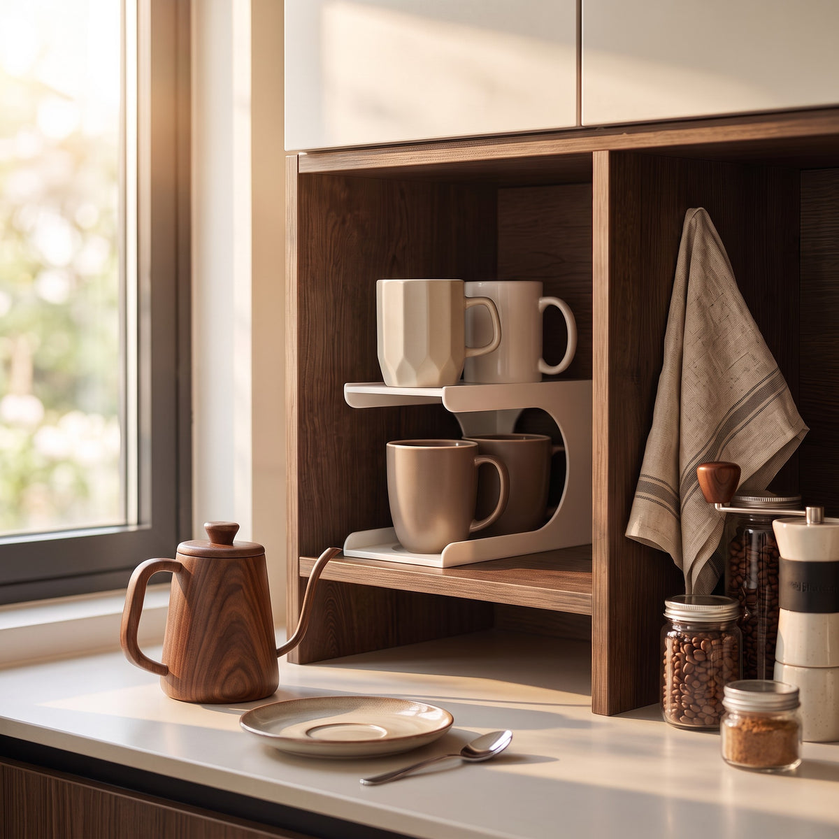 Cupstack vertical cup organizer in use in a kitchen cabinet with mugs