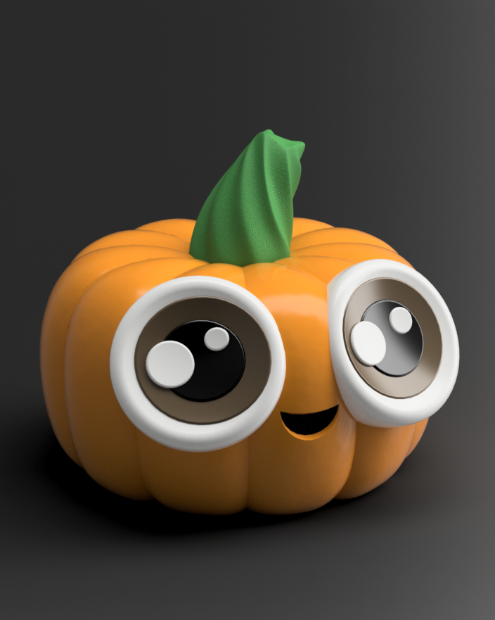 Orange pumpkin figure with oversized eyes, green stem and a small smile
