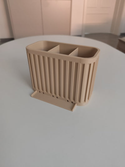 Japandi Cutlery Drainer beige three compartments holding silver cutlery on marble worktop lifestyle