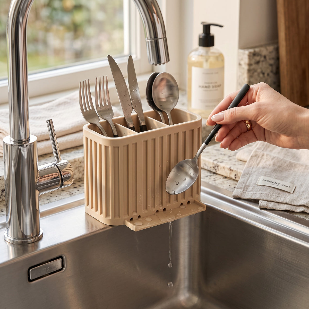 Japandi Cutlery Drainer beige product shot clean background side angle view
