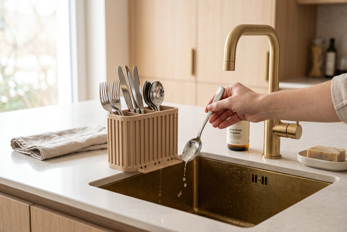 Japandi Cutlery Drainer beige on white marble countertop beside sink woman reaching for fork