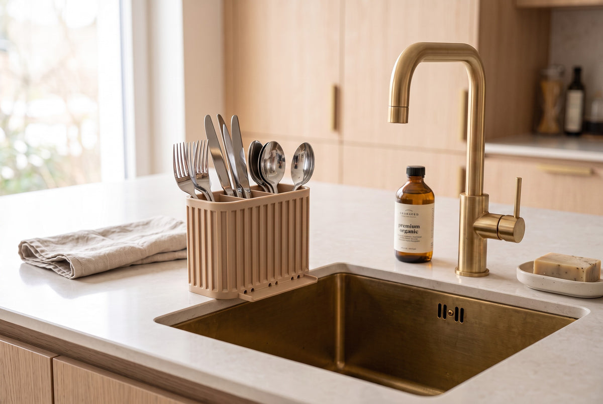 Japandi Cutlery Drainer beige on marble beside stainless steel sink standalone product shot