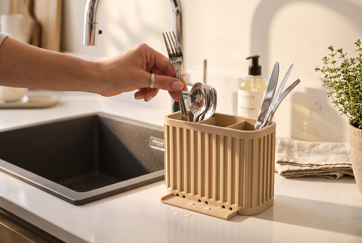 Japandi Cutlery Drainer beige on black sink worktop with waffle linen tea towel