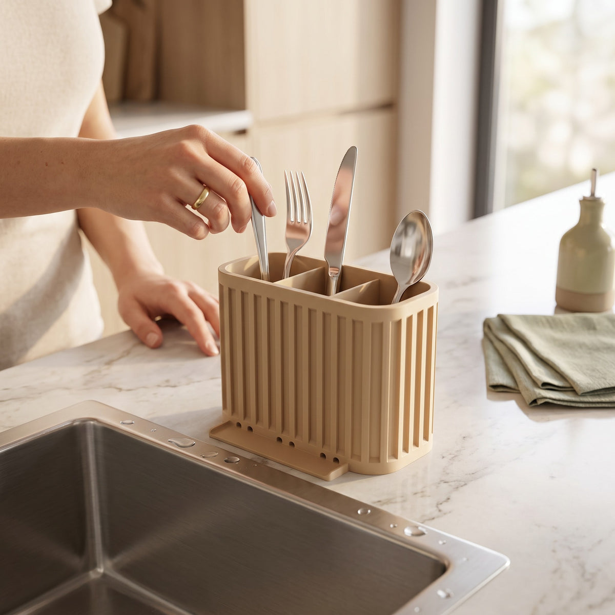 Japandi Cutlery Drainer beige beside black sink standalone with cutlery