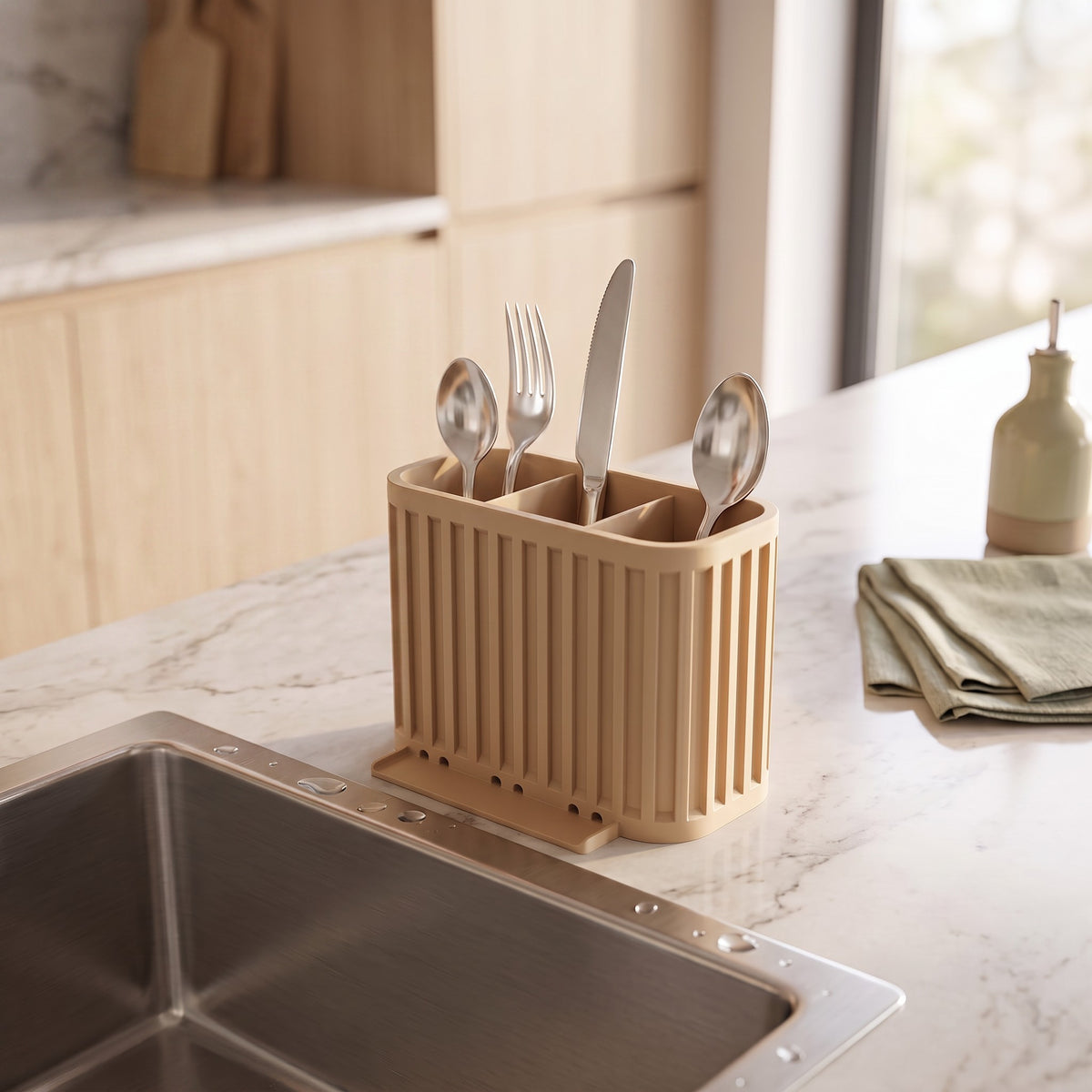 Japandi Cutlery Drainer beige beside chrome tap water dripping from base drainage holes