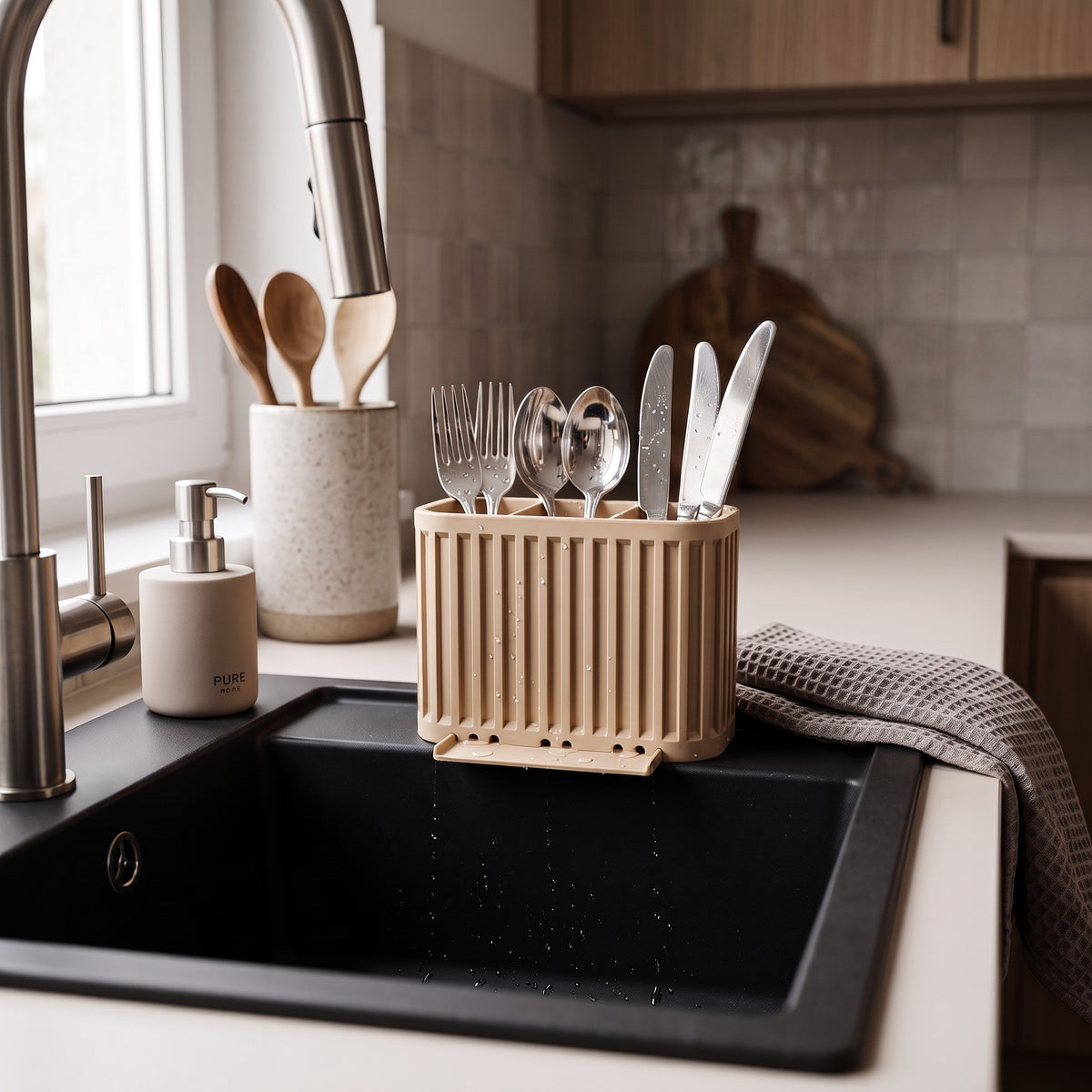 Japandi Cutlery Drainer beige product shot clean background front view