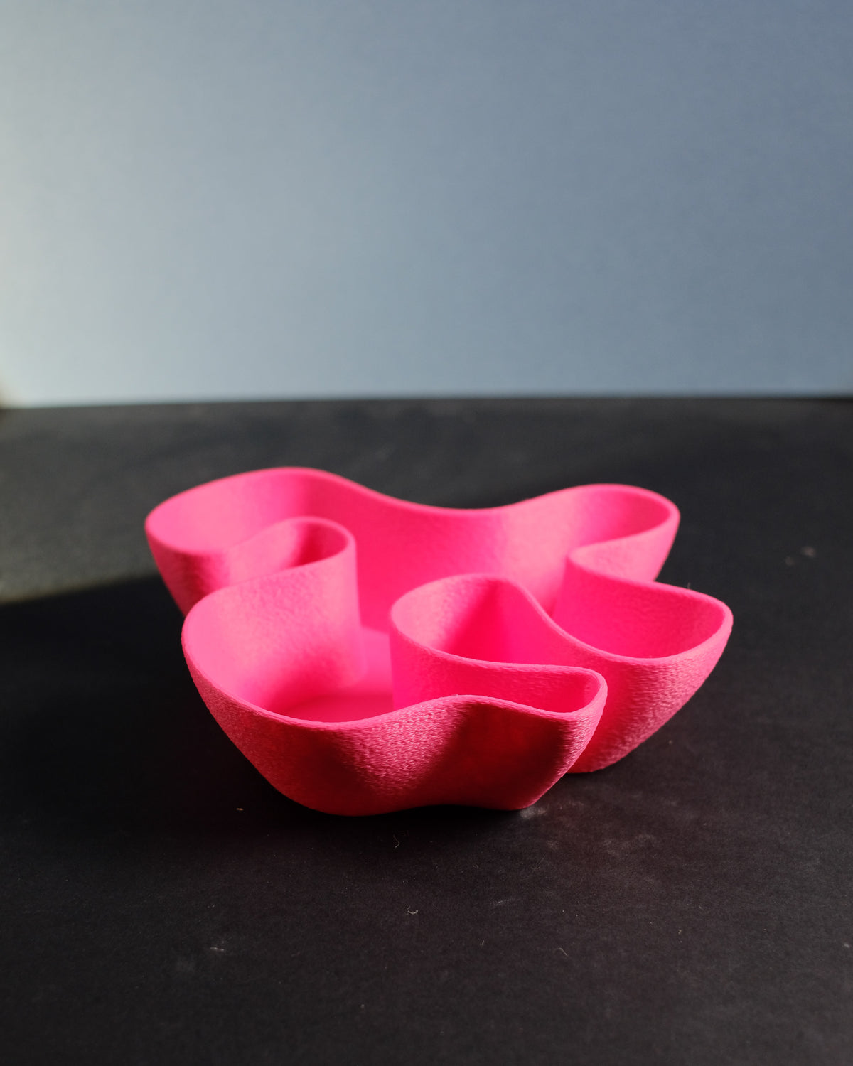 Fabric Ripple Bowl low profile multi-lobe sweeping organic fabric-fold rim deeply sculpted interior compartments vivid hot pink matte finish dark surface blue-grey backdrop editorial hero shot