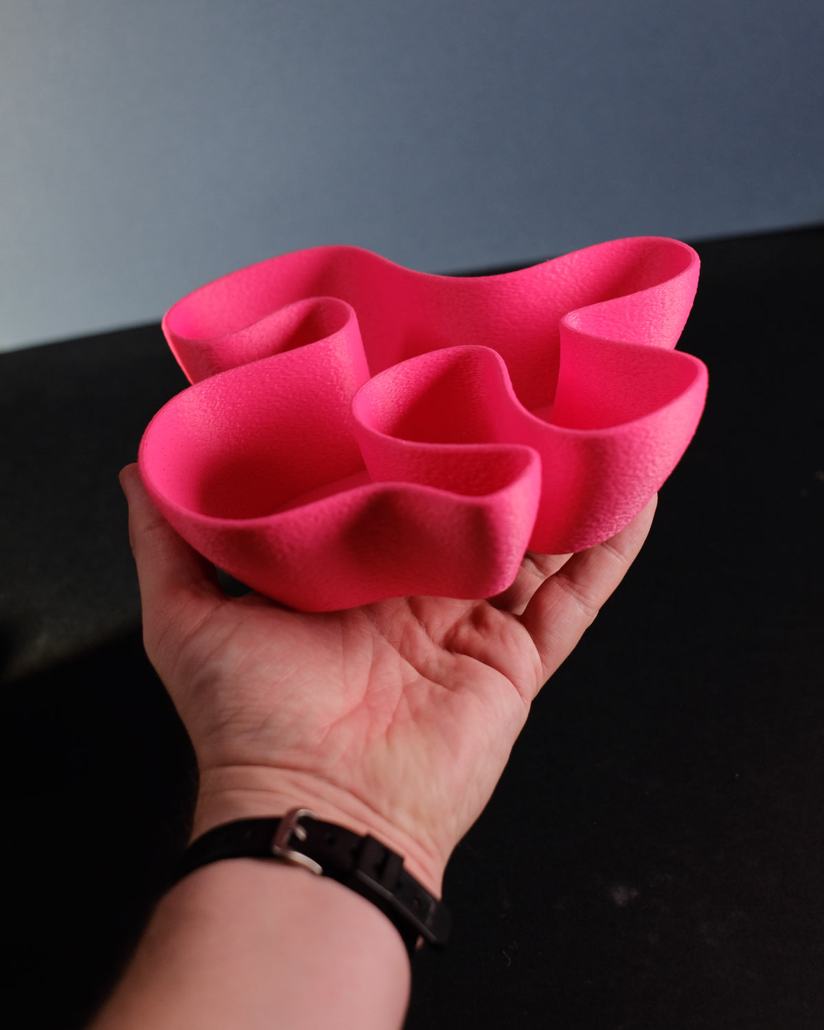 Fabric Ripple Bowl low profile multi-lobe sweeping organic fabric-fold rim deeply sculpted interior compartments vivid hot pink matte finish held in hand showing compact generous scale editorial scale shot