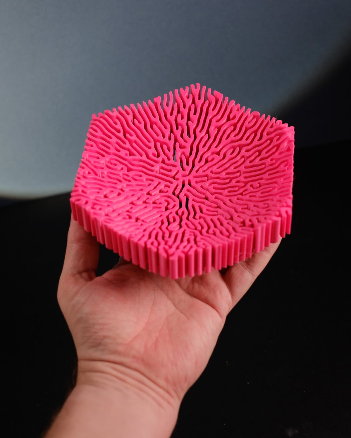 Pink hexagonal coral bowl on white backdrop