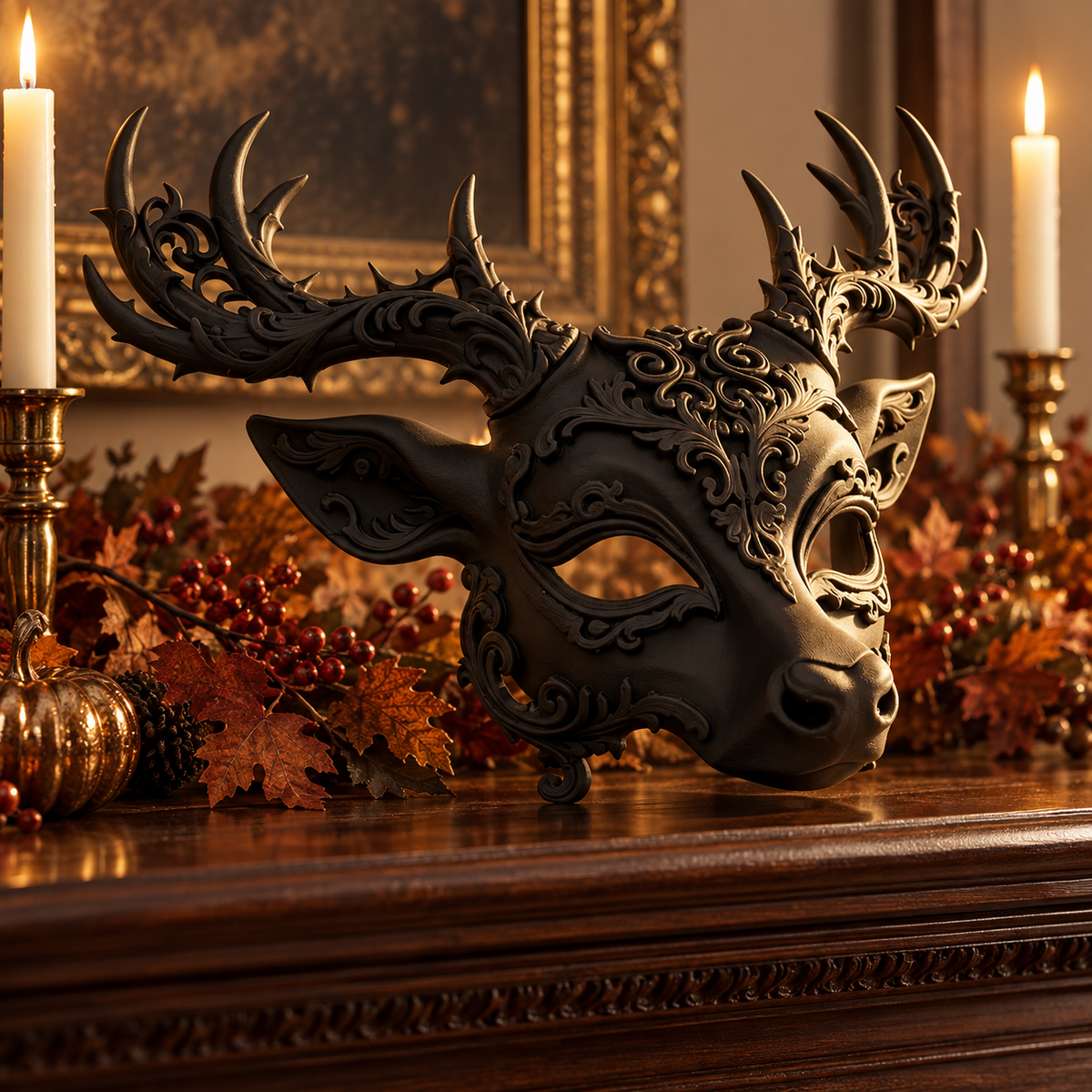 Baroque Regal Deer Mask displayed on an ornate mantelpiece with candles and autumn leaves