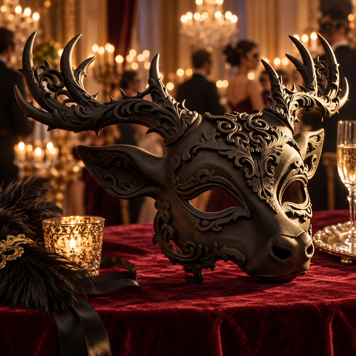 Baroque Regal Deer Mask displayed on a candlelit masquerade table
