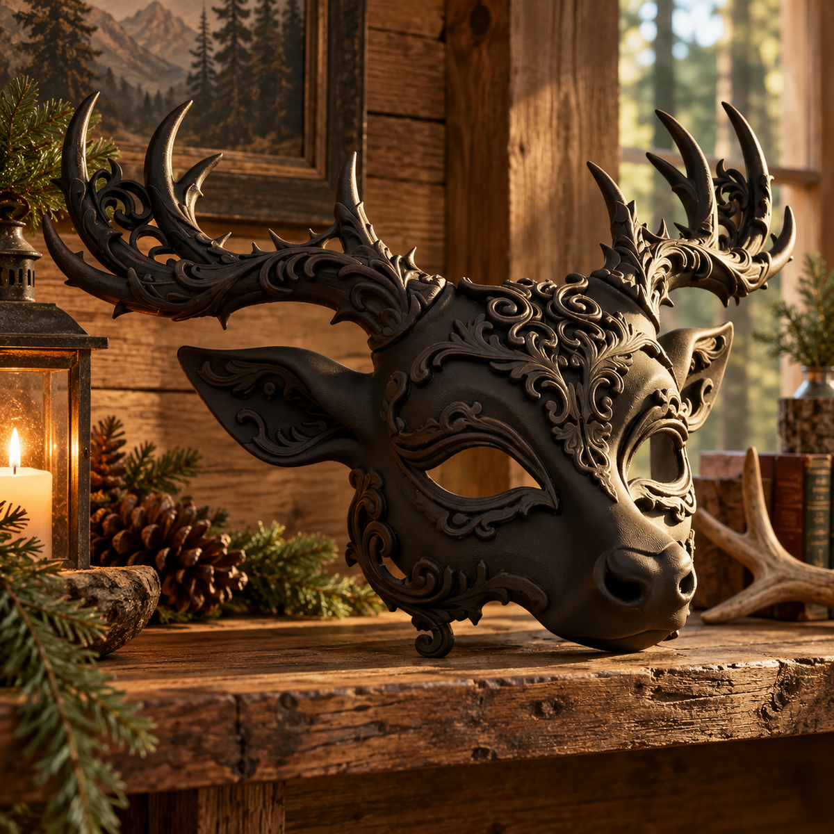 Baroque Regal Deer Mask displayed on a rustic woodland table