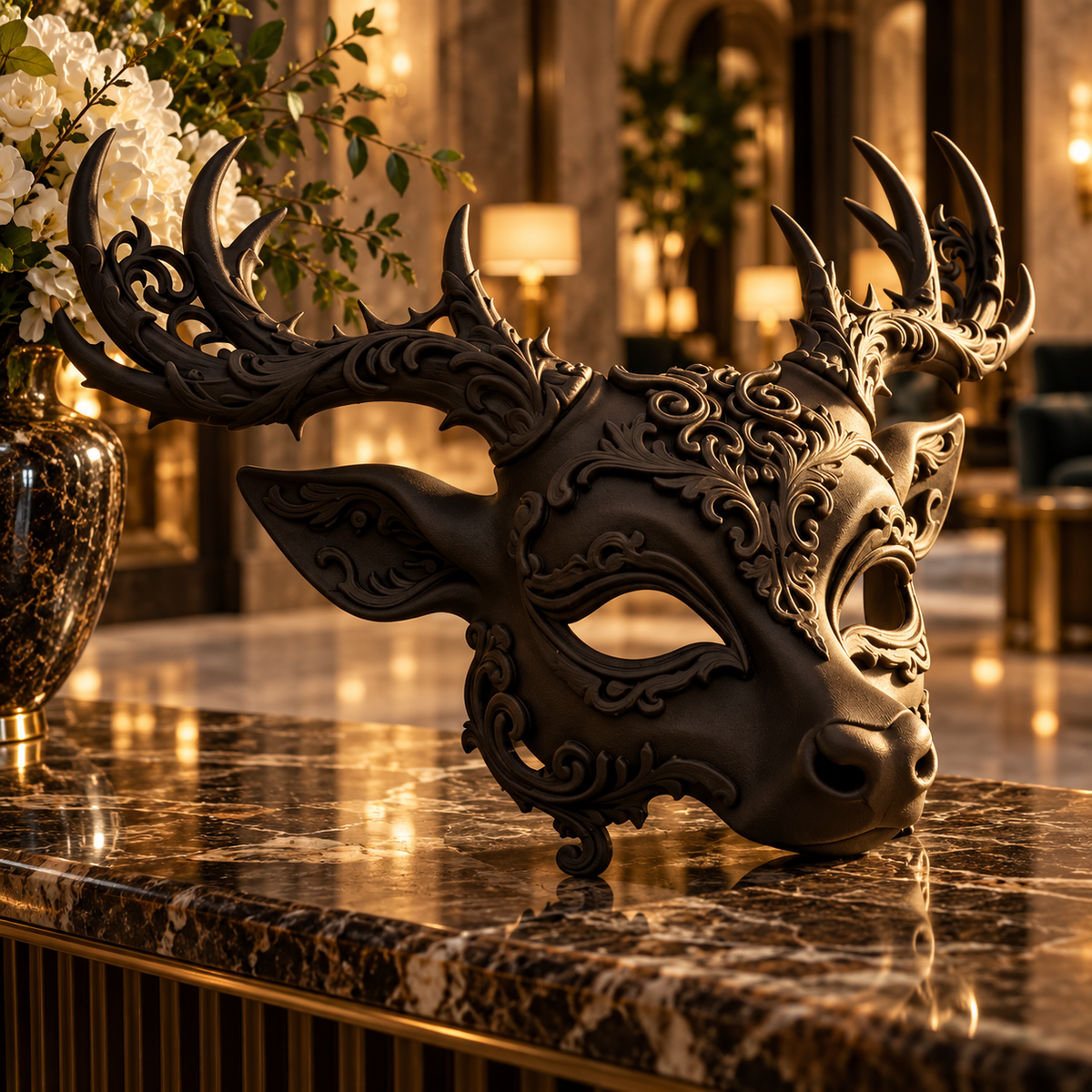 Baroque Regal Deer Mask displayed on a marble console in an elegant interior