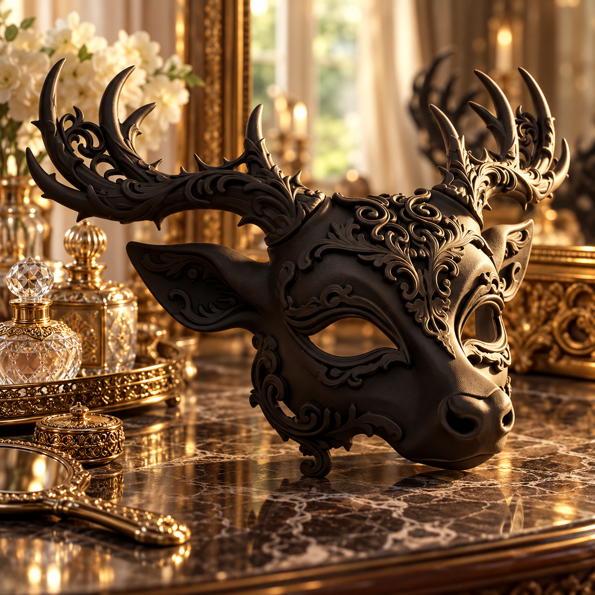 Baroque Regal Deer Mask displayed among ornate collector decor
