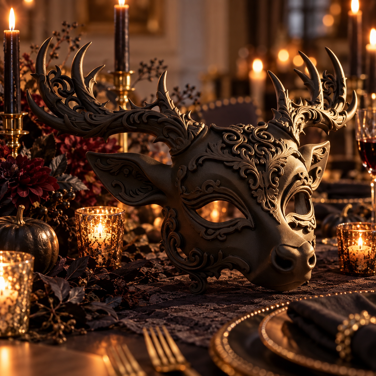 Baroque Regal Deer Mask displayed on a candlelit Halloween table