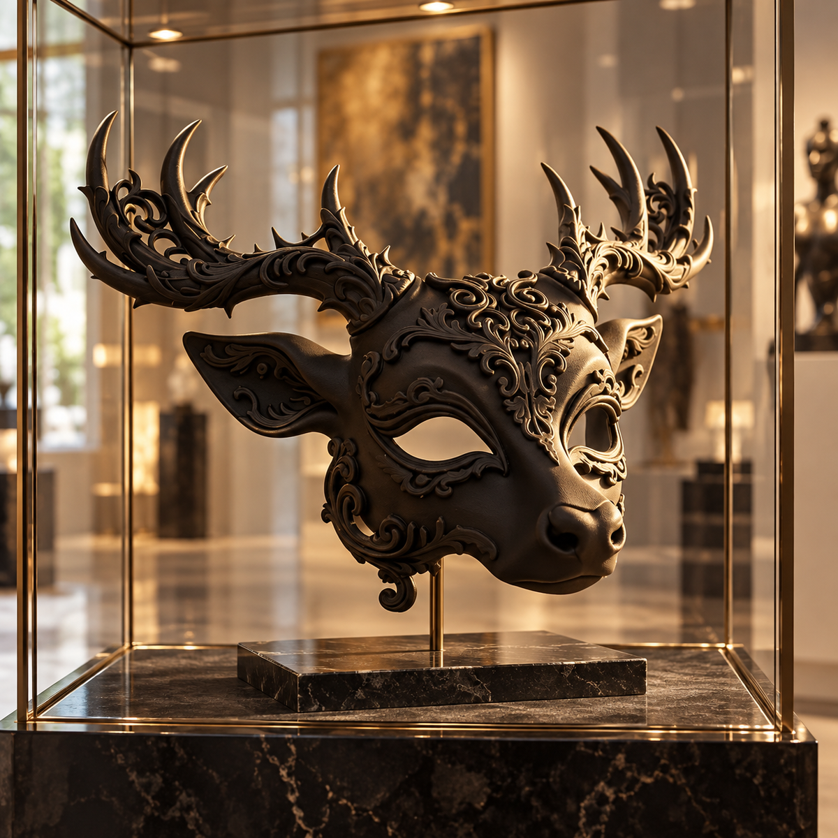 Baroque Regal Deer Mask displayed inside a glass gallery cabinet