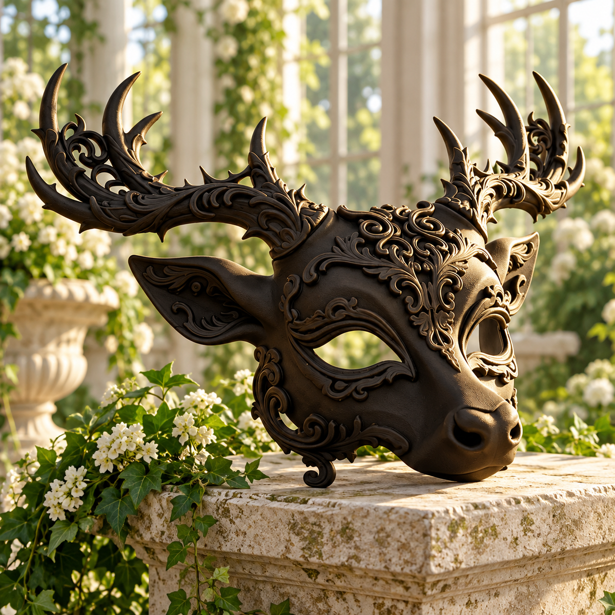 Baroque Regal Deer Mask displayed on a stone garden pedestal surrounded by greenery
