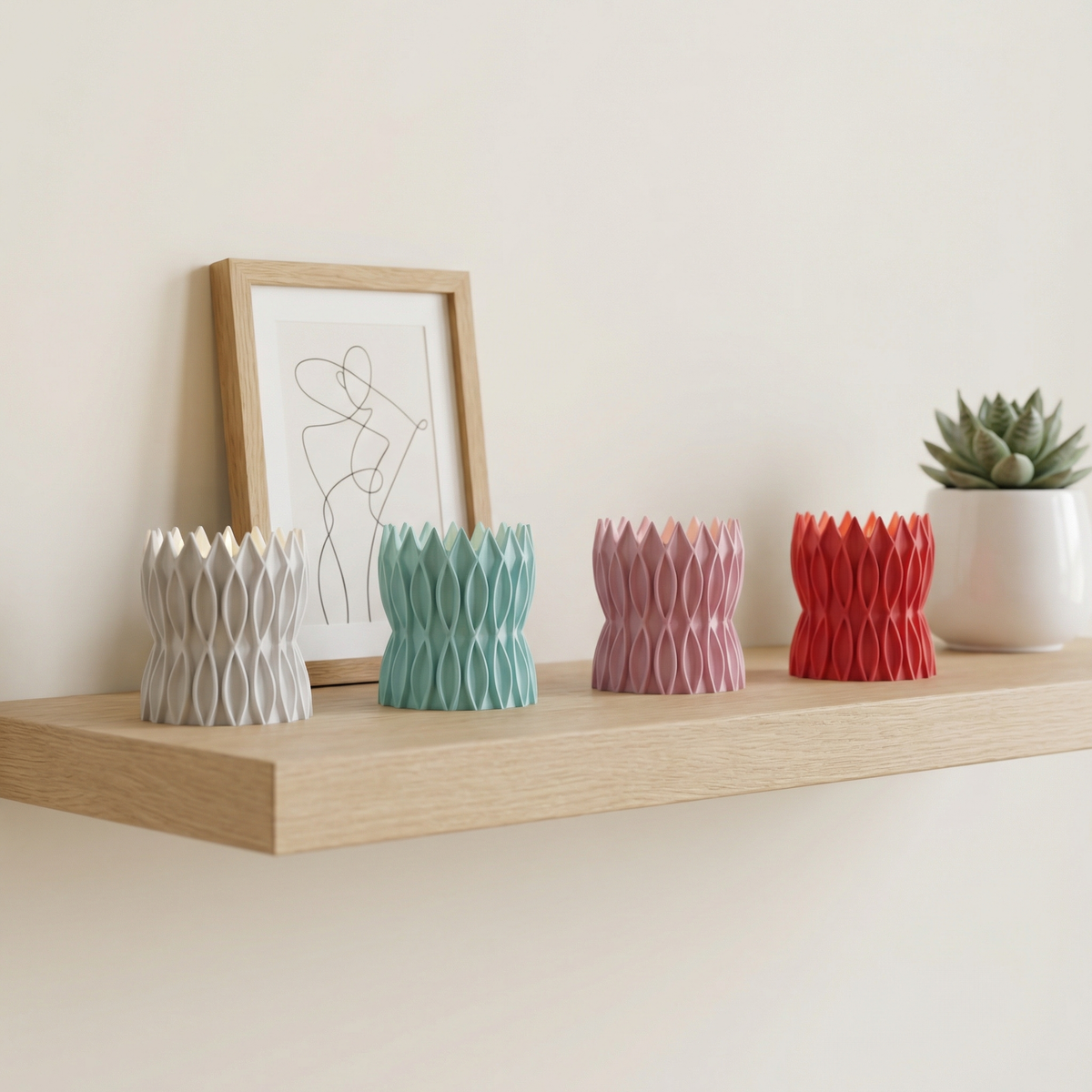 Krona Tealight Holder render 1 four holders floating in air with geometric blocks pastel gradient background