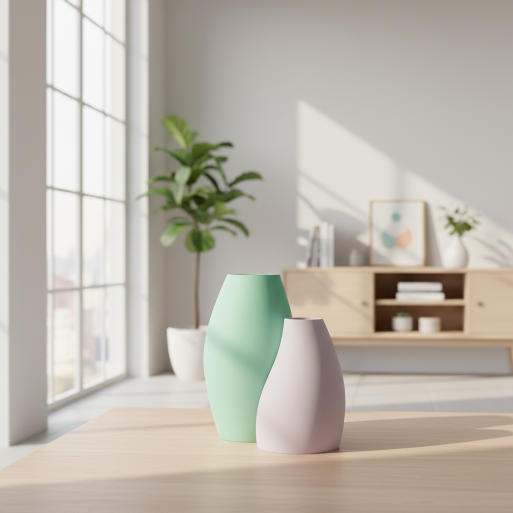 Curved Minimalist Vases pair tall wide-bodied sage green and shorter narrower soft lavender smooth biomorphic ovoid matte finish pale wood floor bright contemporary living room sunlight wide shot