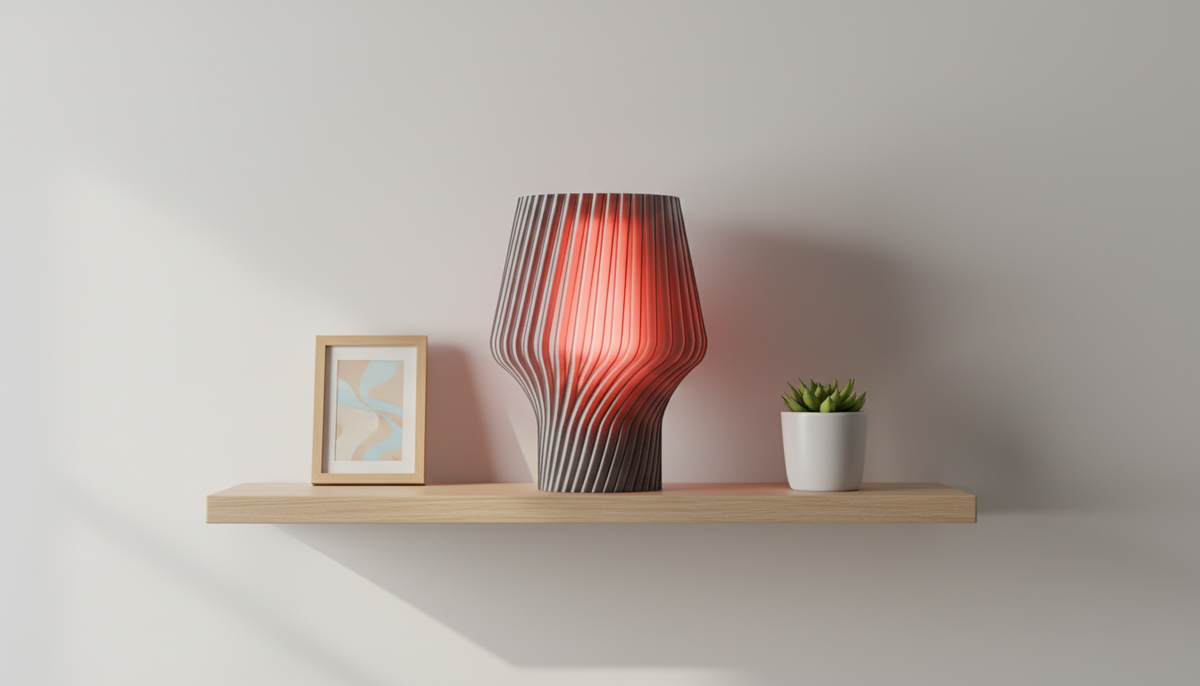 Twist Form Table Lamp grey ribbed twist silhouette warm red glow on dark walnut sideboard geometric maze wallpaper backdrop
