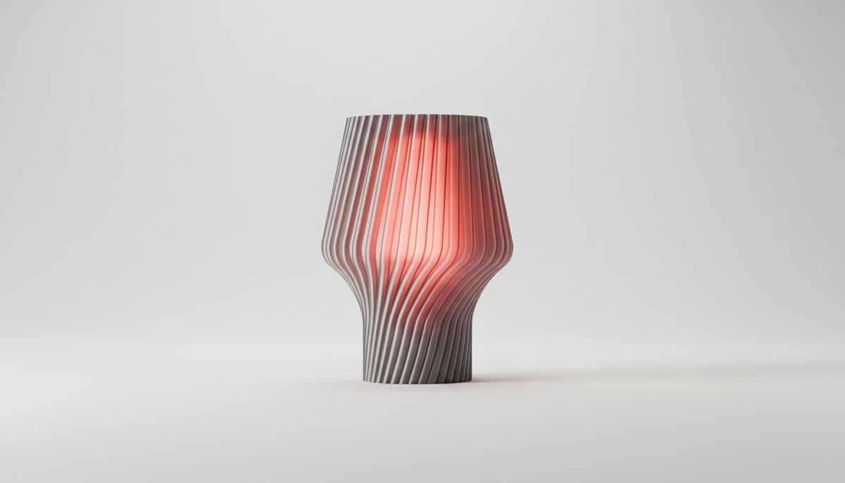 Twist Form Table Lamp grey ribbed twist silhouette warm red glow with pastel geometric shapes on warm beige background