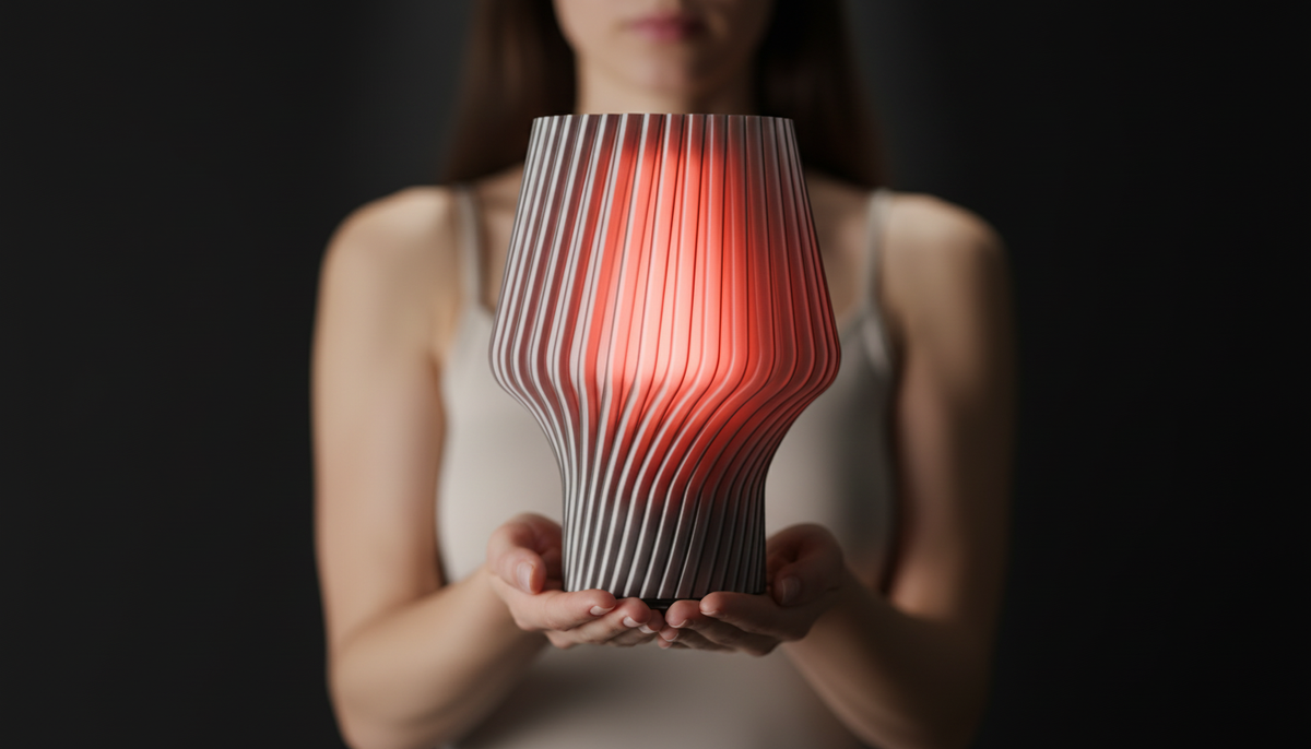 Twist Form Table Lamp grey ribbed twist silhouette warm red glow on pale oak sideboard with pink vases and succulents