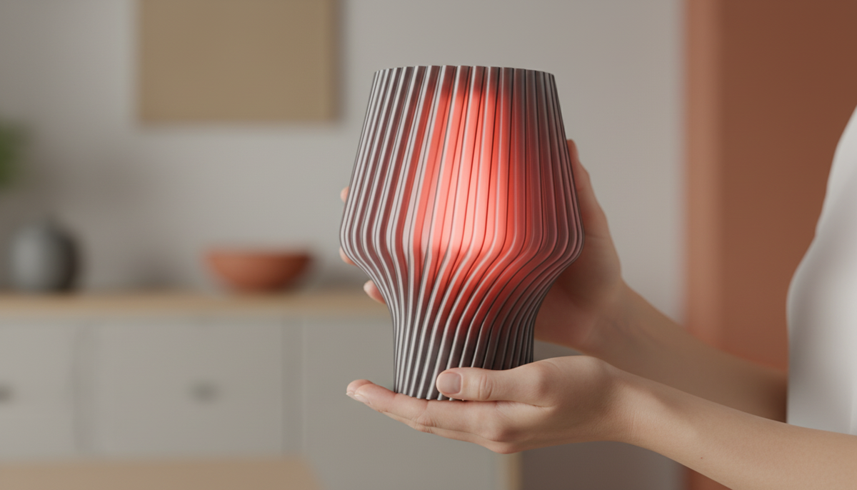 Twist Form Table Lamp grey ribbed twist silhouette warm red glow on pale oak shelf beside succulent and white vase