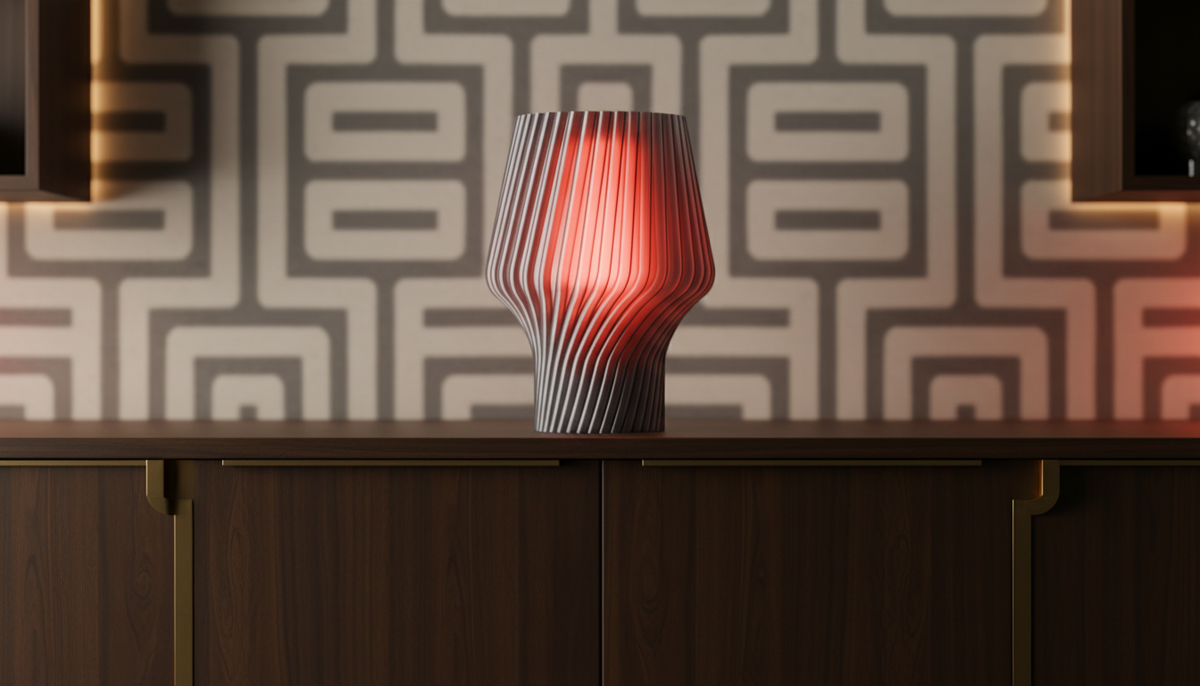 Twist Form Table Lamp grey ribbed twist silhouette warm red glow close up raking light showing rib detail