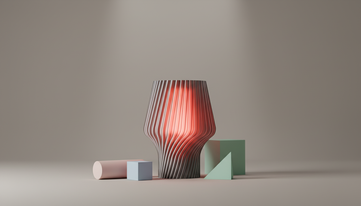 Twist Form Table Lamp grey ribbed twist silhouette warm red glow portrait on warm surface