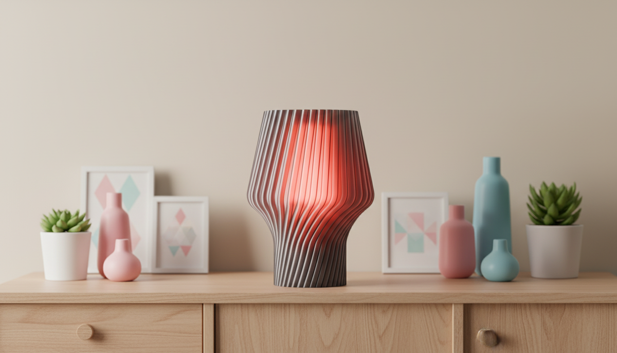 Twist Form Table Lamp grey ribbed twist silhouette warm red glow wide shot warm interior setting