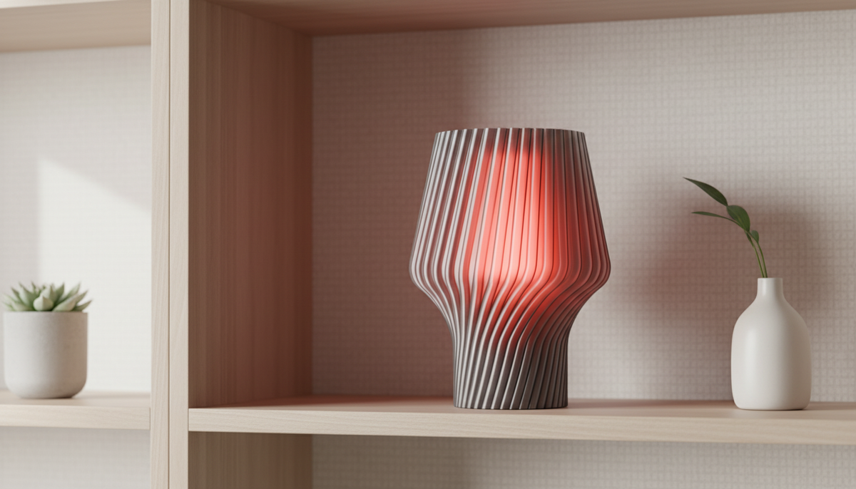 Twist Form Table Lamp grey ribbed twist silhouette warm red glow detail shot dark studio